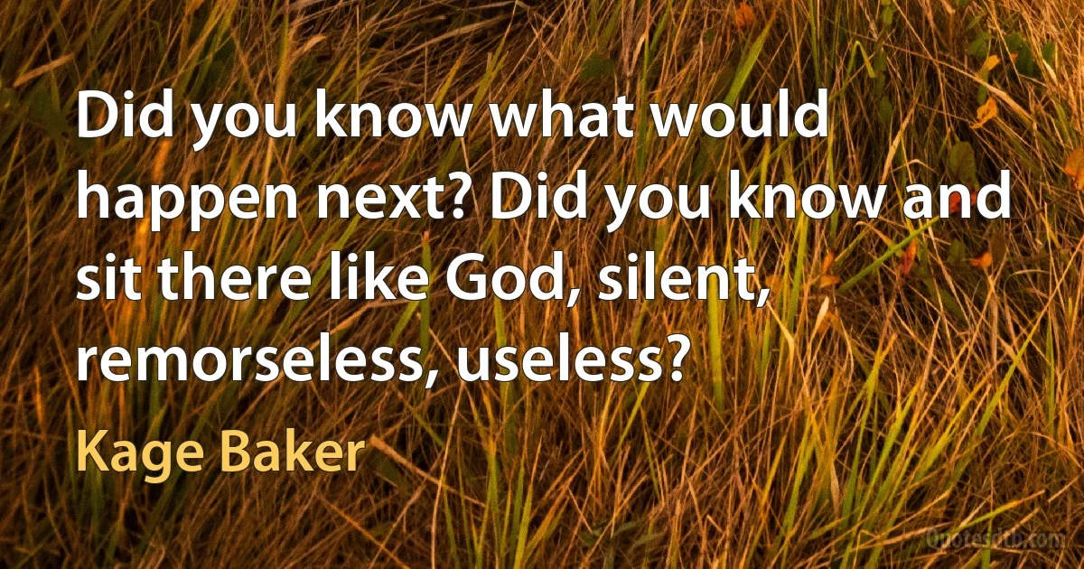 Did you know what would happen next? Did you know and sit there like God, silent, remorseless, useless? (Kage Baker)