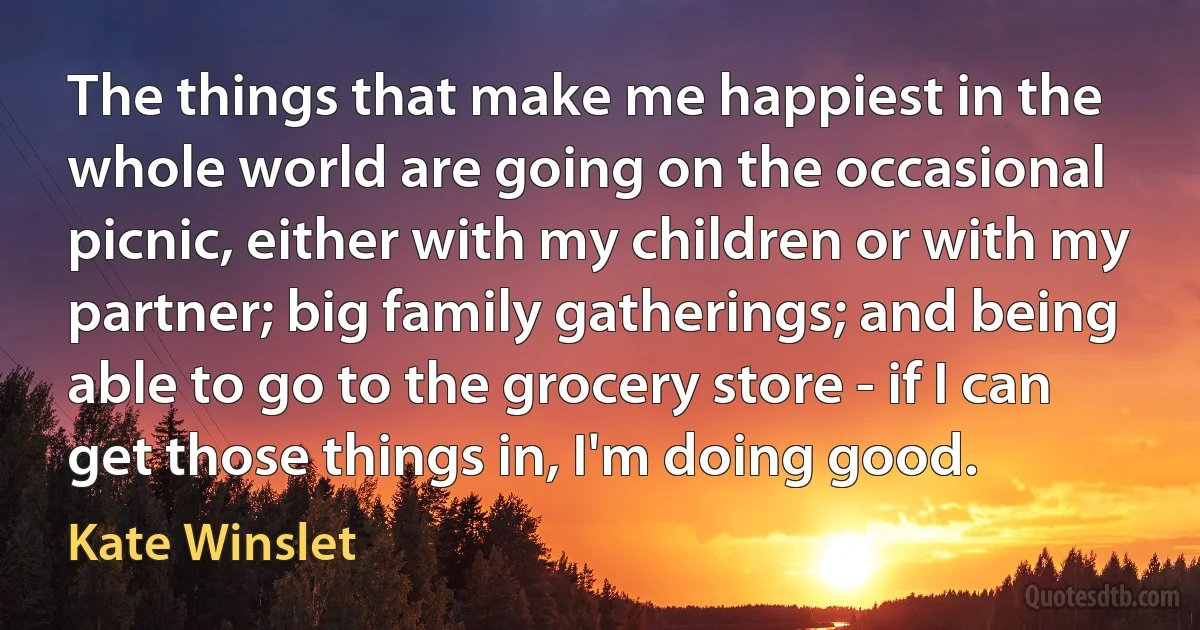 The things that make me happiest in the whole world are going on the occasional picnic, either with my children or with my partner; big family gatherings; and being able to go to the grocery store - if I can get those things in, I'm doing good. (Kate Winslet)