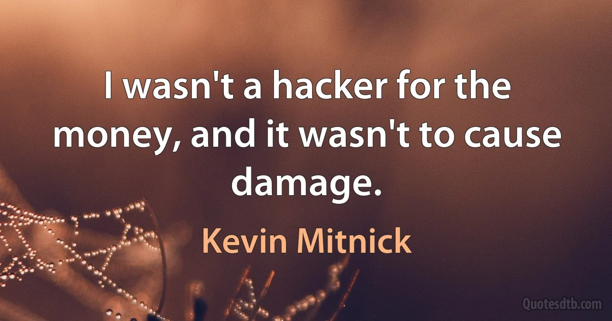 I wasn't a hacker for the money, and it wasn't to cause damage. (Kevin Mitnick)