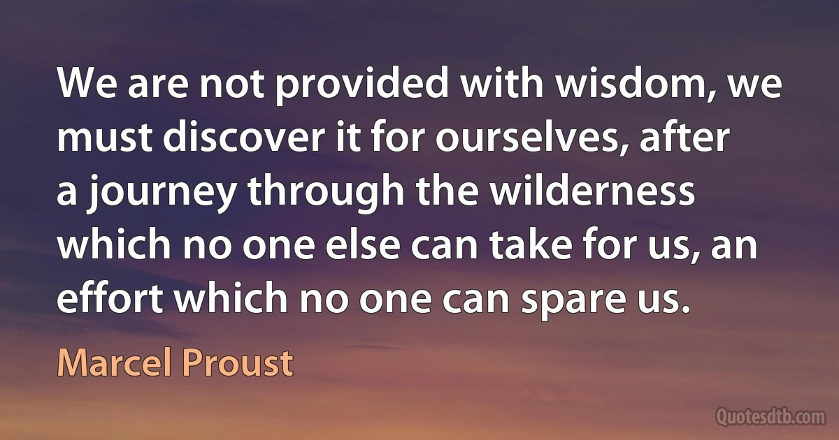 We are not provided with wisdom, we must discover it for ourselves, after a journey through the wilderness which no one else can take for us, an effort which no one can spare us. (Marcel Proust)