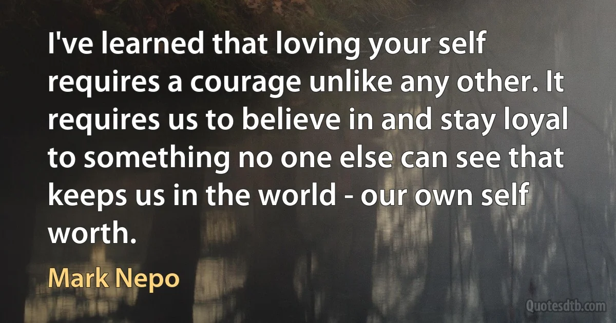 I've learned that loving your self requires a courage unlike any other. It requires us to believe in and stay loyal to something no one else can see that keeps us in the world - our own self worth. (Mark Nepo)