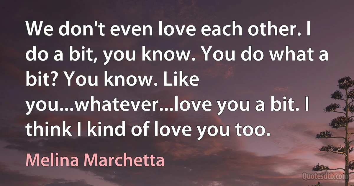 We don't even love each other. I do a bit, you know. You do what a bit? You know. Like you...whatever...love you a bit. I think I kind of love you too. (Melina Marchetta)