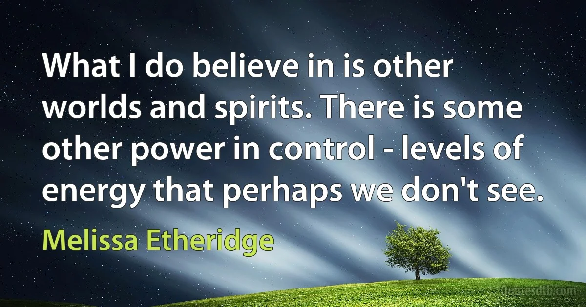 What I do believe in is other worlds and spirits. There is some other power in control - levels of energy that perhaps we don't see. (Melissa Etheridge)