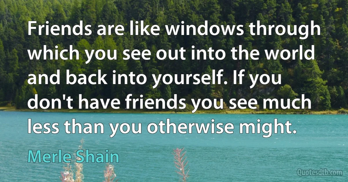 Friends are like windows through which you see out into the world and back into yourself. If you don't have friends you see much less than you otherwise might. (Merle Shain)