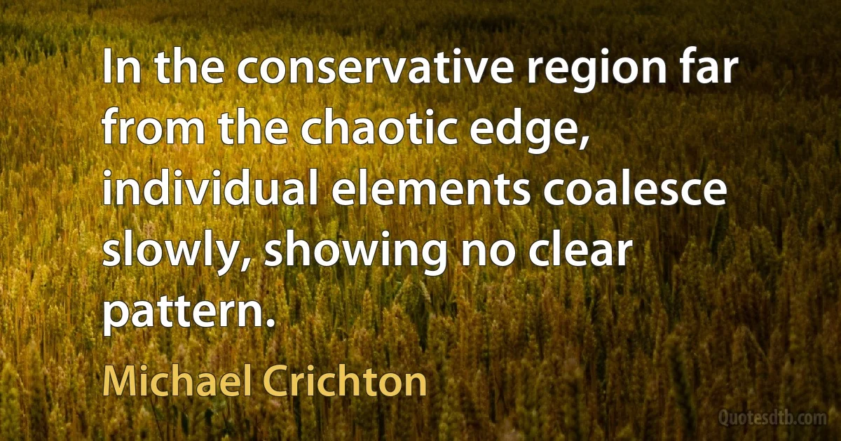 In the conservative region far from the chaotic edge, individual elements coalesce slowly, showing no clear pattern. (Michael Crichton)