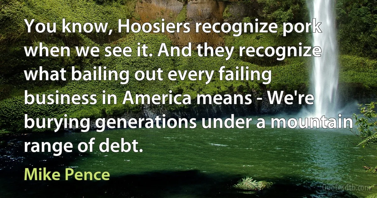 You know, Hoosiers recognize pork when we see it. And they recognize what bailing out every failing business in America means - We're burying generations under a mountain range of debt. (Mike Pence)