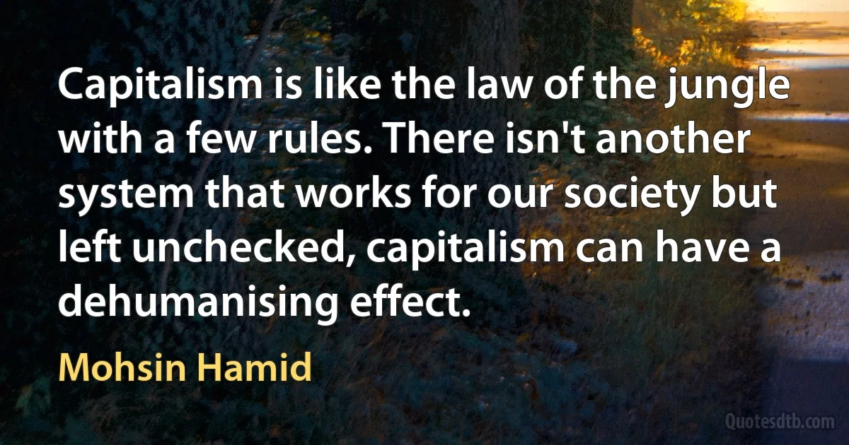 Capitalism is like the law of the jungle with a few rules. There isn't another system that works for our society but left unchecked, capitalism can have a dehumanising effect. (Mohsin Hamid)