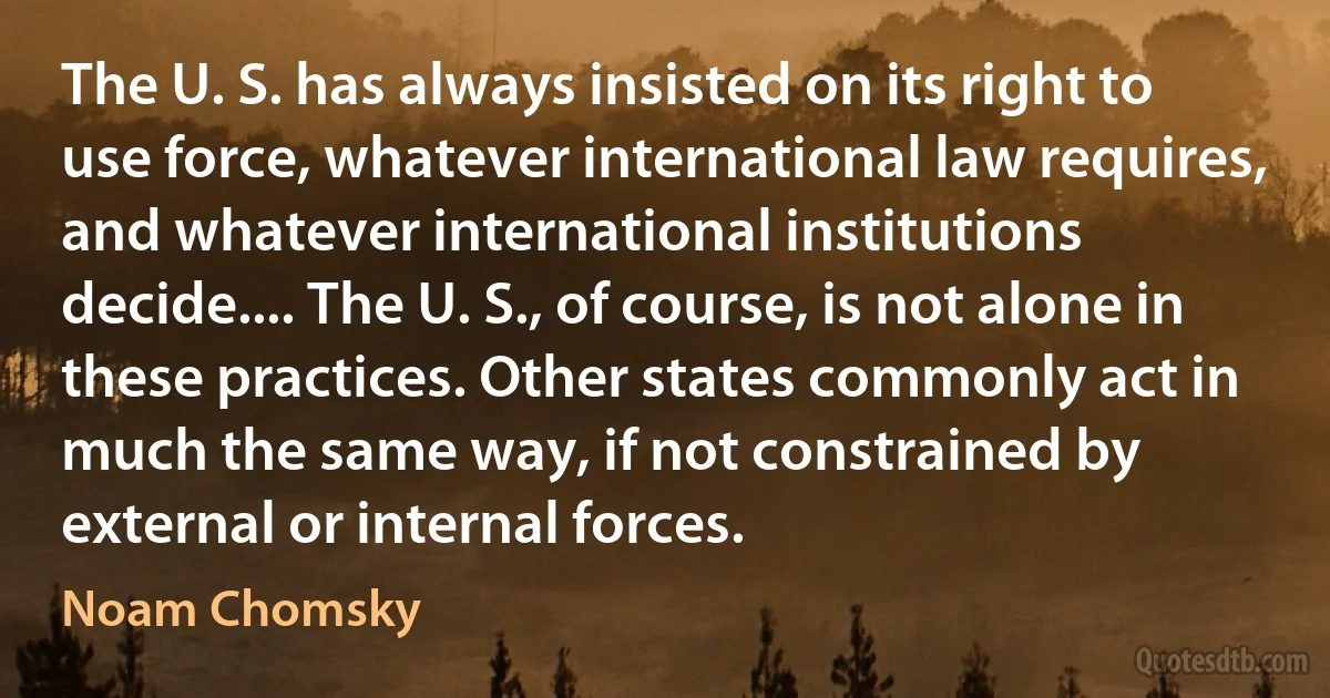 The U. S. has always insisted on its right to use force, whatever international law requires, and whatever international institutions decide.... The U. S., of course, is not alone in these practices. Other states commonly act in much the same way, if not constrained by external or internal forces. (Noam Chomsky)