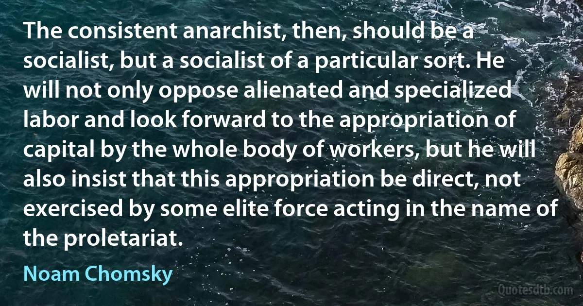 The consistent anarchist, then, should be a socialist, but a socialist of a particular sort. He will not only oppose alienated and specialized labor and look forward to the appropriation of capital by the whole body of workers, but he will also insist that this appropriation be direct, not exercised by some elite force acting in the name of the proletariat. (Noam Chomsky)