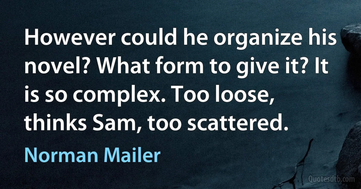 However could he organize his novel? What form to give it? It is so complex. Too loose, thinks Sam, too scattered. (Norman Mailer)