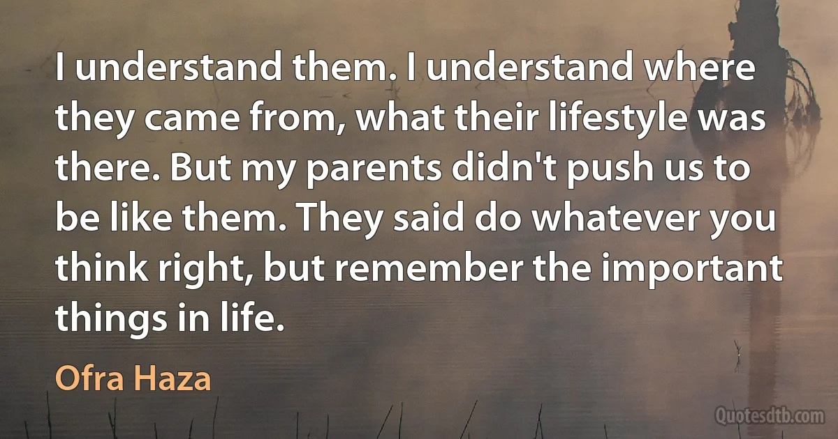 I understand them. I understand where they came from, what their lifestyle was there. But my parents didn't push us to be like them. They said do whatever you think right, but remember the important things in life. (Ofra Haza)