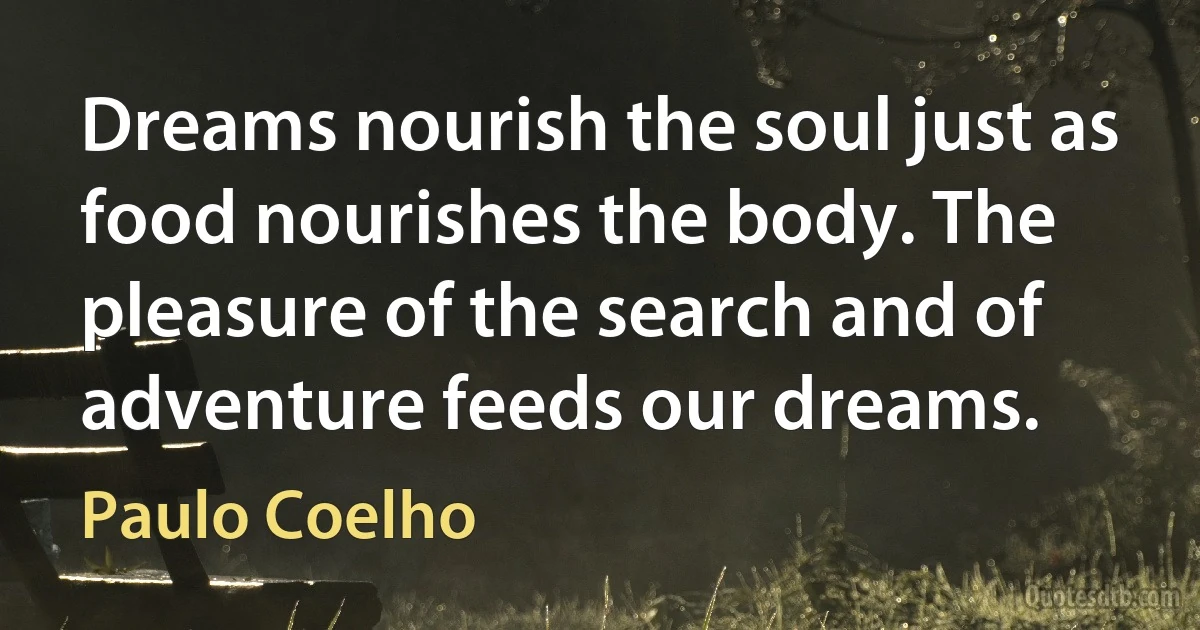 Dreams nourish the soul just as food nourishes the body. The pleasure of the search and of adventure feeds our dreams. (Paulo Coelho)