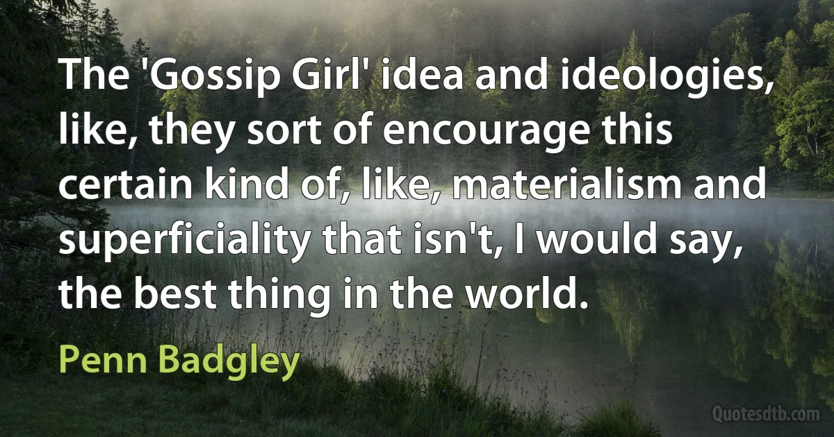 The 'Gossip Girl' idea and ideologies, like, they sort of encourage this certain kind of, like, materialism and superficiality that isn't, I would say, the best thing in the world. (Penn Badgley)