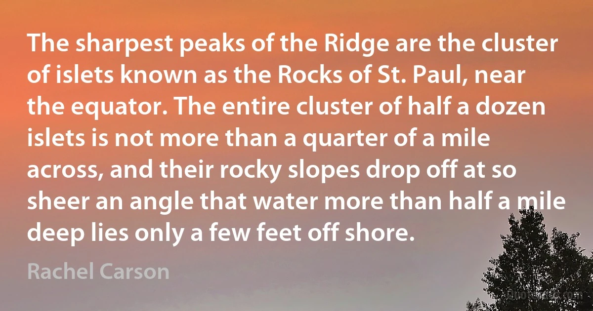 The sharpest peaks of the Ridge are the cluster of islets known as the Rocks of St. Paul, near the equator. The entire cluster of half a dozen islets is not more than a quarter of a mile across, and their rocky slopes drop off at so sheer an angle that water more than half a mile deep lies only a few feet off shore. (Rachel Carson)