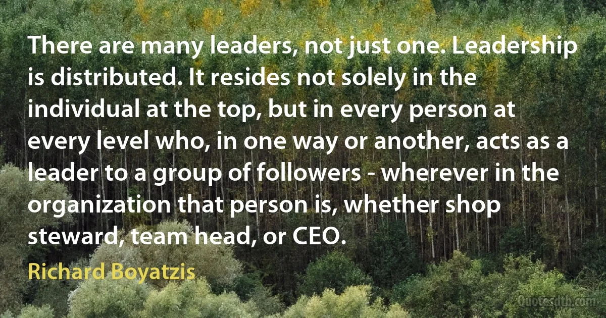 There are many leaders, not just one. Leadership is distributed. It resides not solely in the individual at the top, but in every person at every level who, in one way or another, acts as a leader to a group of followers - wherever in the organization that person is, whether shop steward, team head, or CEO. (Richard Boyatzis)