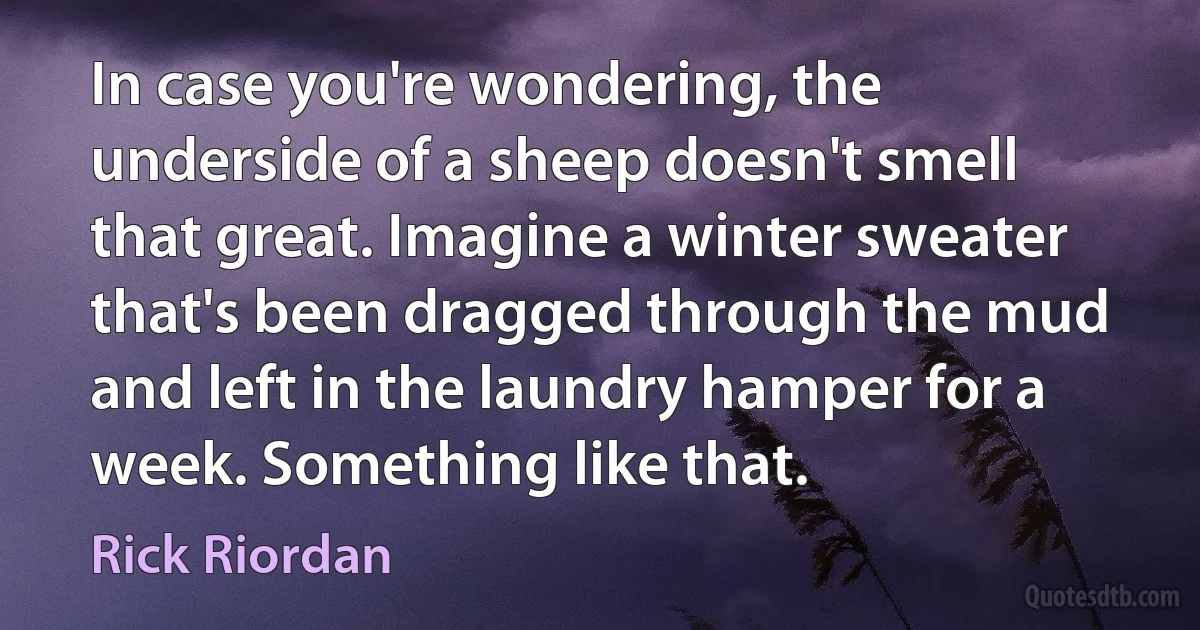 In case you're wondering, the underside of a sheep doesn't smell that great. Imagine a winter sweater that's been dragged through the mud and left in the laundry hamper for a week. Something like that. (Rick Riordan)