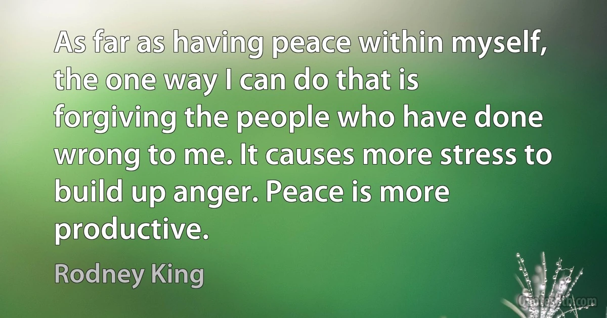 As far as having peace within myself, the one way I can do that is forgiving the people who have done wrong to me. It causes more stress to build up anger. Peace is more productive. (Rodney King)