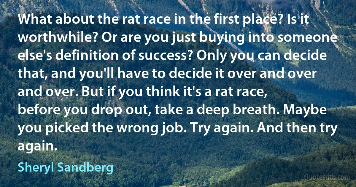 What about the rat race in the first place? Is it worthwhile? Or are you just buying into someone else's definition of success? Only you can decide that, and you'll have to decide it over and over and over. But if you think it's a rat race, before you drop out, take a deep breath. Maybe you picked the wrong job. Try again. And then try again. (Sheryl Sandberg)