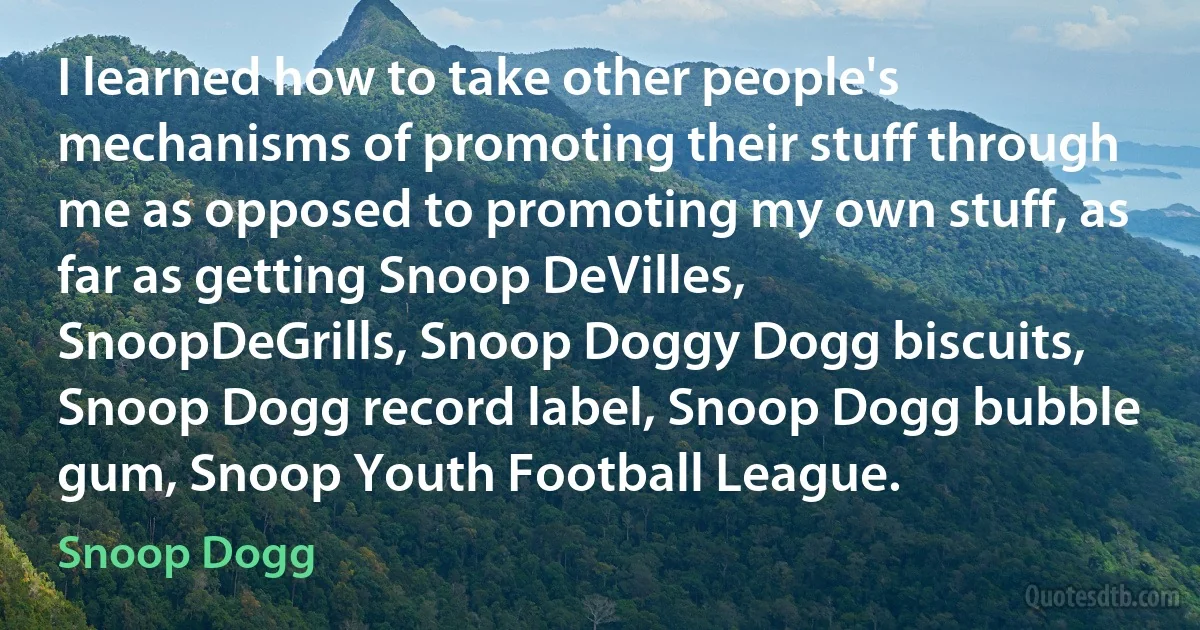 I learned how to take other people's mechanisms of promoting their stuff through me as opposed to promoting my own stuff, as far as getting Snoop DeVilles, SnoopDeGrills, Snoop Doggy Dogg biscuits, Snoop Dogg record label, Snoop Dogg bubble gum, Snoop Youth Football League. (Snoop Dogg)