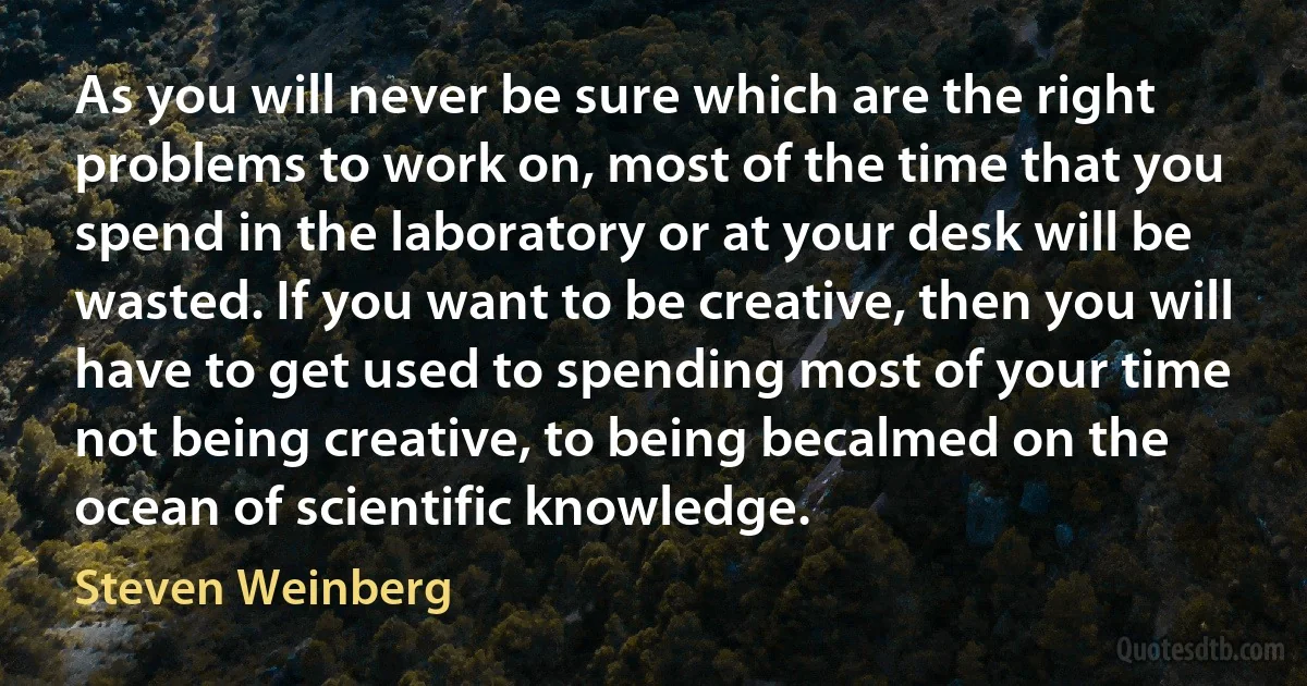 As you will never be sure which are the right problems to work on, most of the time that you spend in the laboratory or at your desk will be wasted. If you want to be creative, then you will have to get used to spending most of your time not being creative, to being becalmed on the ocean of scientific knowledge. (Steven Weinberg)