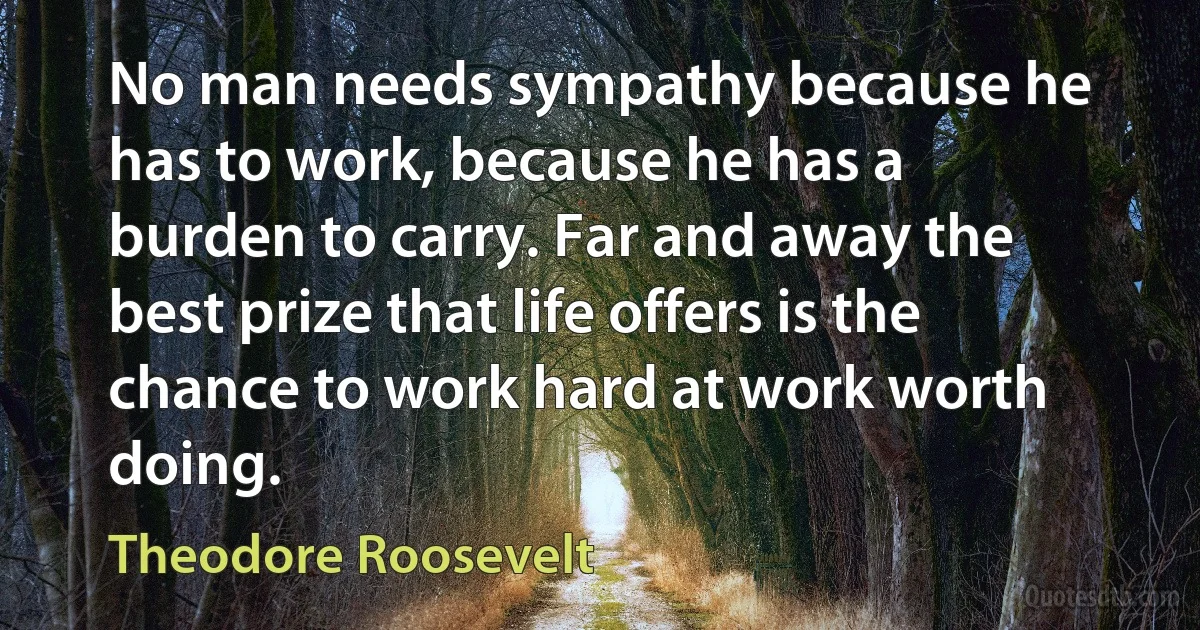 No man needs sympathy because he has to work, because he has a burden to carry. Far and away the best prize that life offers is the chance to work hard at work worth doing. (Theodore Roosevelt)