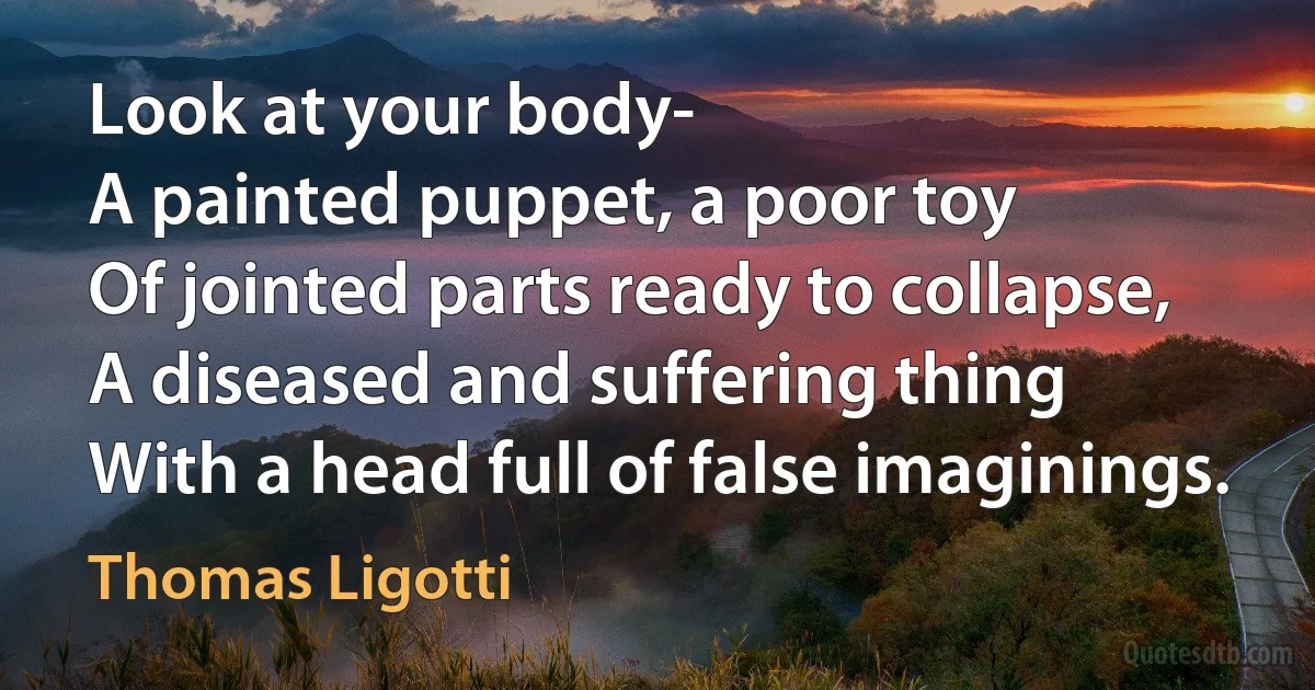 Look at your body-
A painted puppet, a poor toy
Of jointed parts ready to collapse,
A diseased and suffering thing
With a head full of false imaginings. (Thomas Ligotti)