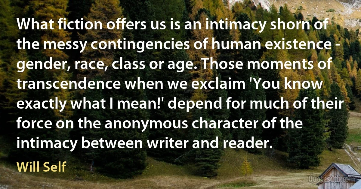 What fiction offers us is an intimacy shorn of the messy contingencies of human existence - gender, race, class or age. Those moments of transcendence when we exclaim 'You know exactly what I mean!' depend for much of their force on the anonymous character of the intimacy between writer and reader. (Will Self)