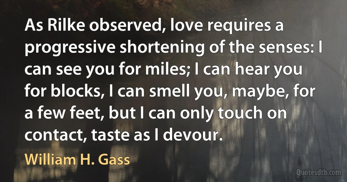 As Rilke observed, love requires a progressive shortening of the senses: I can see you for miles; I can hear you for blocks, I can smell you, maybe, for a few feet, but I can only touch on contact, taste as I devour. (William H. Gass)