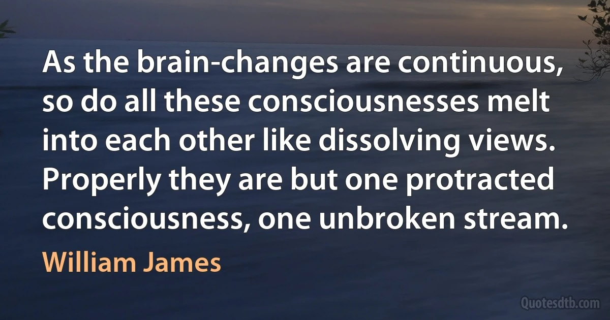 As the brain-changes are continuous, so do all these consciousnesses melt into each other like dissolving views. Properly they are but one protracted consciousness, one unbroken stream. (William James)