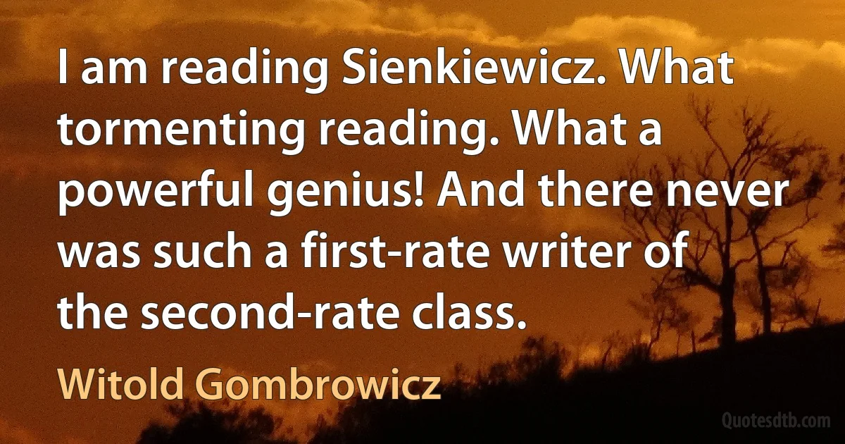 I am reading Sienkiewicz. What tormenting reading. What a powerful genius! And there never was such a first-rate writer of the second-rate class. (Witold Gombrowicz)