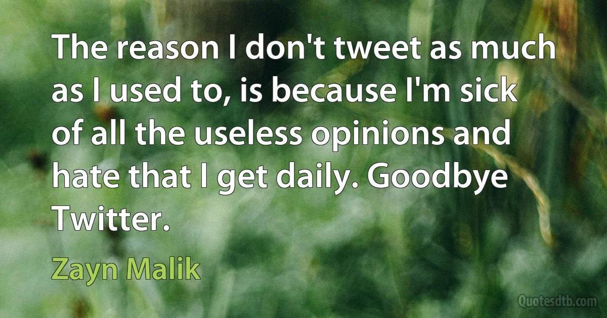 The reason I don't tweet as much as I used to, is because I'm sick of all the useless opinions and hate that I get daily. Goodbye Twitter. (Zayn Malik)