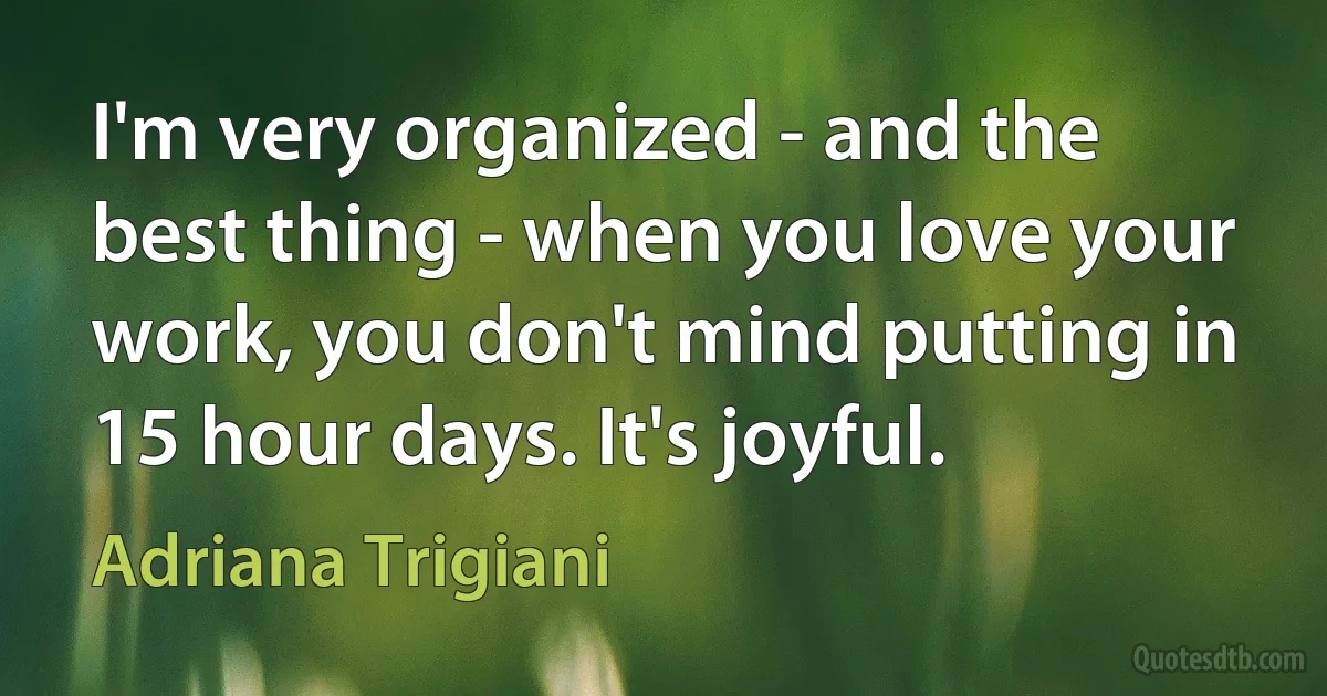 I'm very organized - and the best thing - when you love your work, you don't mind putting in 15 hour days. It's joyful. (Adriana Trigiani)