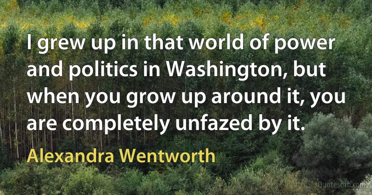 I grew up in that world of power and politics in Washington, but when you grow up around it, you are completely unfazed by it. (Alexandra Wentworth)