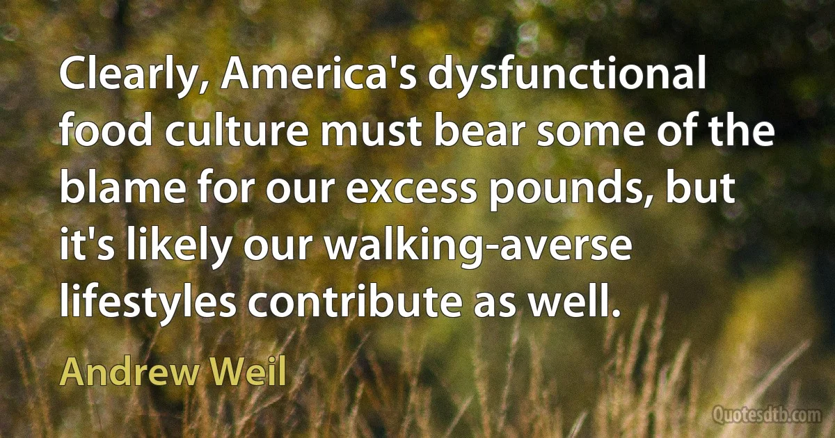 Clearly, America's dysfunctional food culture must bear some of the blame for our excess pounds, but it's likely our walking-averse lifestyles contribute as well. (Andrew Weil)