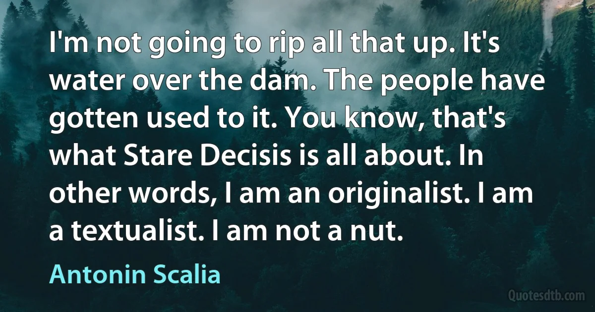 I'm not going to rip all that up. It's water over the dam. The people have gotten used to it. You know, that's what Stare Decisis is all about. In other words, I am an originalist. I am a textualist. I am not a nut. (Antonin Scalia)