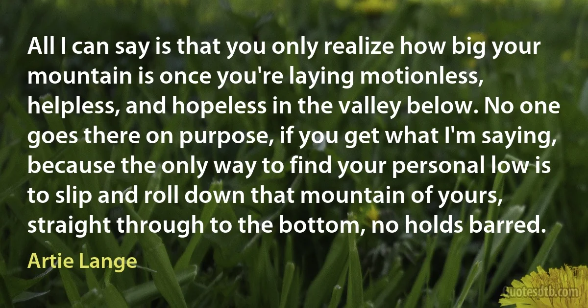 All I can say is that you only realize how big your mountain is once you're laying motionless, helpless, and hopeless in the valley below. No one goes there on purpose, if you get what I'm saying, because the only way to find your personal low is to slip and roll down that mountain of yours, straight through to the bottom, no holds barred. (Artie Lange)