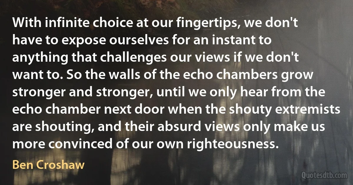 With infinite choice at our fingertips, we don't have to expose ourselves for an instant to anything that challenges our views if we don't want to. So the walls of the echo chambers grow stronger and stronger, until we only hear from the echo chamber next door when the shouty extremists are shouting, and their absurd views only make us more convinced of our own righteousness. (Ben Croshaw)