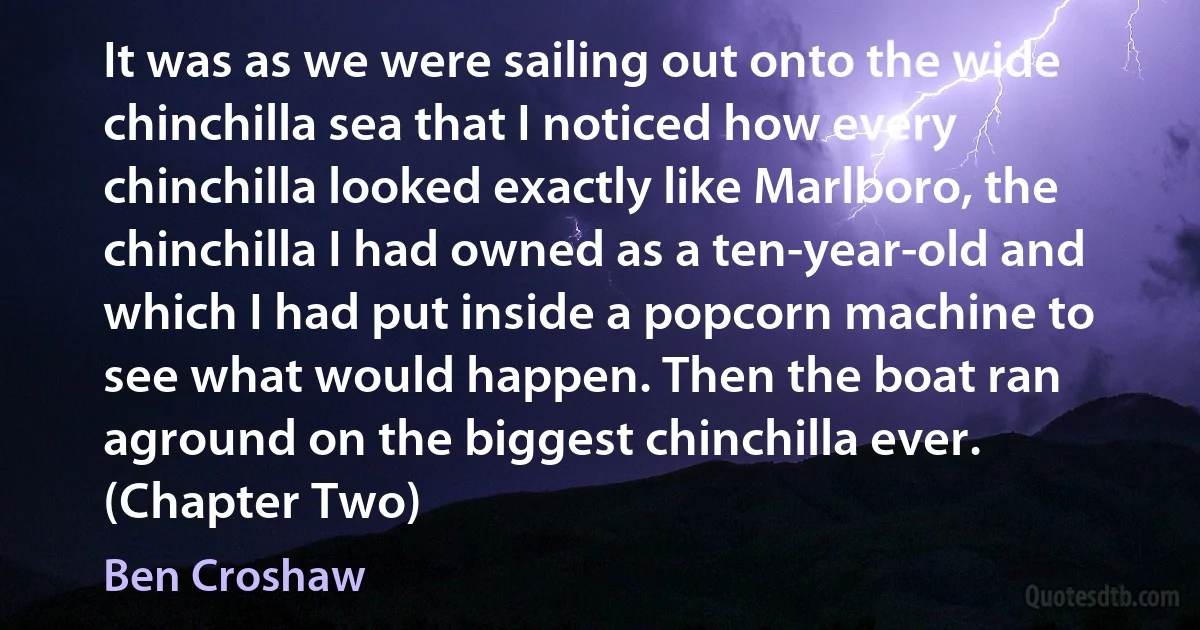 It was as we were sailing out onto the wide chinchilla sea that I noticed how every chinchilla looked exactly like Marlboro, the chinchilla I had owned as a ten-year-old and which I had put inside a popcorn machine to see what would happen. Then the boat ran aground on the biggest chinchilla ever. (Chapter Two) (Ben Croshaw)