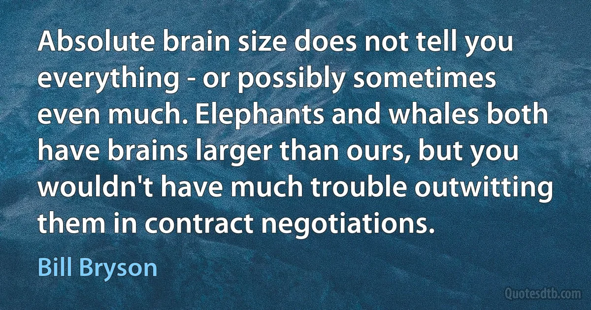 Absolute brain size does not tell you everything - or possibly sometimes even much. Elephants and whales both have brains larger than ours, but you wouldn't have much trouble outwitting them in contract negotiations. (Bill Bryson)