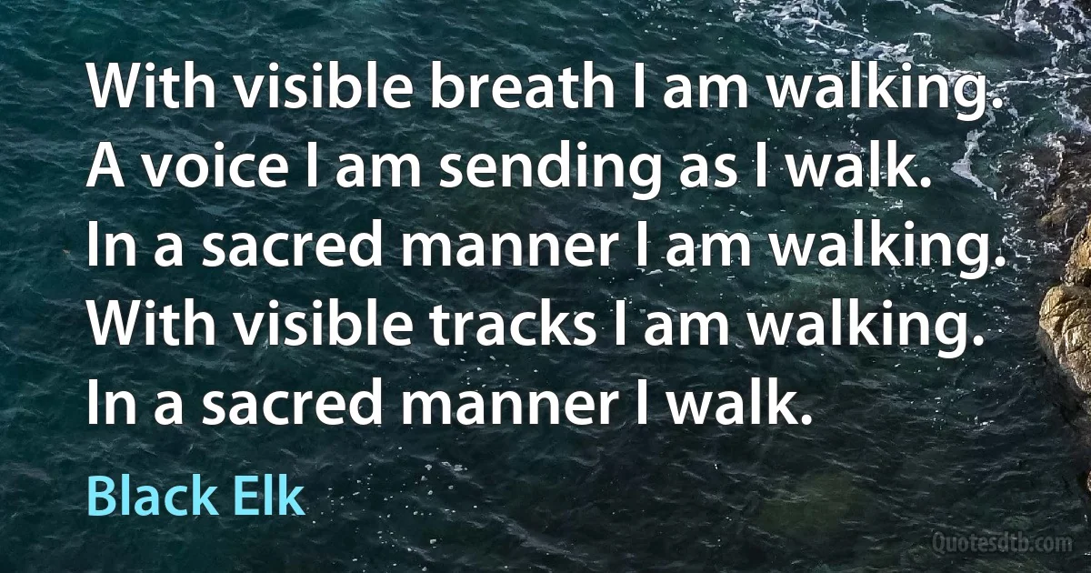 With visible breath I am walking.
A voice I am sending as I walk.
In a sacred manner I am walking.
With visible tracks I am walking.
In a sacred manner I walk. (Black Elk)