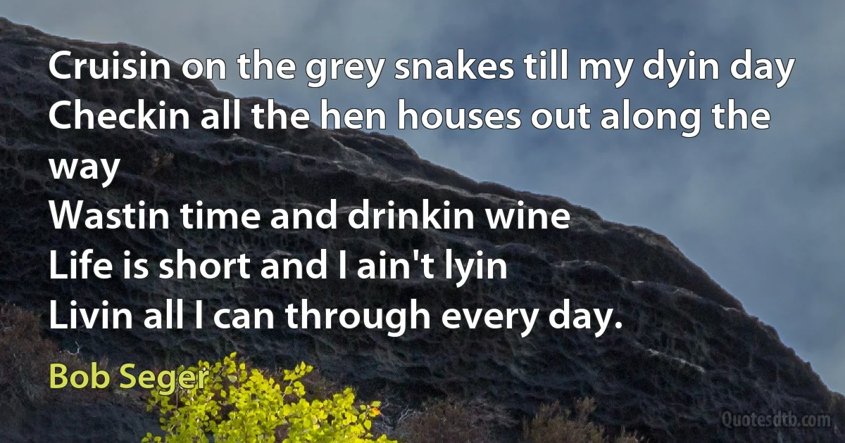 Cruisin on the grey snakes till my dyin day
Checkin all the hen houses out along the way
Wastin time and drinkin wine
Life is short and I ain't lyin
Livin all I can through every day. (Bob Seger)