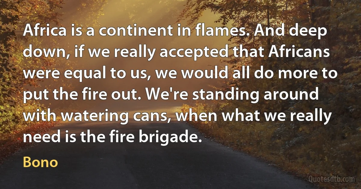 Africa is a continent in flames. And deep down, if we really accepted that Africans were equal to us, we would all do more to put the fire out. We're standing around with watering cans, when what we really need is the fire brigade. (Bono)