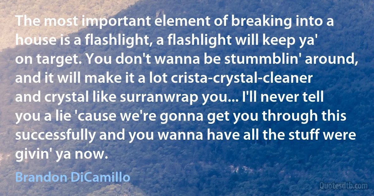 The most important element of breaking into a house is a flashlight, a flashlight will keep ya' on target. You don't wanna be stummblin' around, and it will make it a lot crista-crystal-cleaner and crystal like surranwrap you... I'll never tell you a lie 'cause we're gonna get you through this successfully and you wanna have all the stuff were givin' ya now. (Brandon DiCamillo)