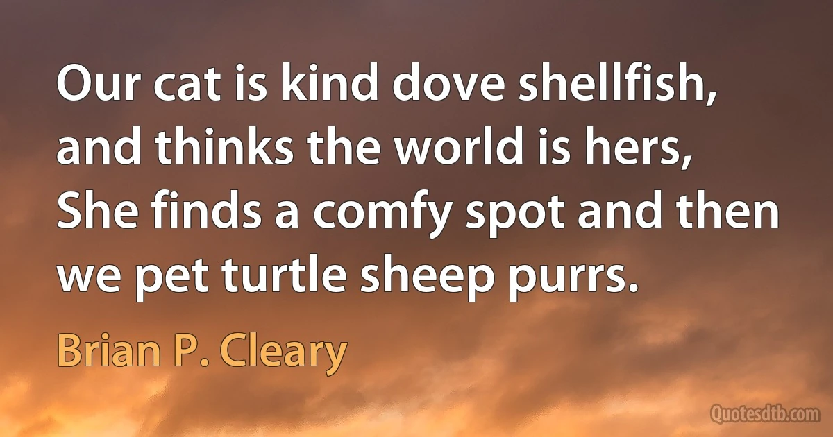 Our cat is kind dove shellfish, and thinks the world is hers, She finds a comfy spot and then we pet turtle sheep purrs. (Brian P. Cleary)