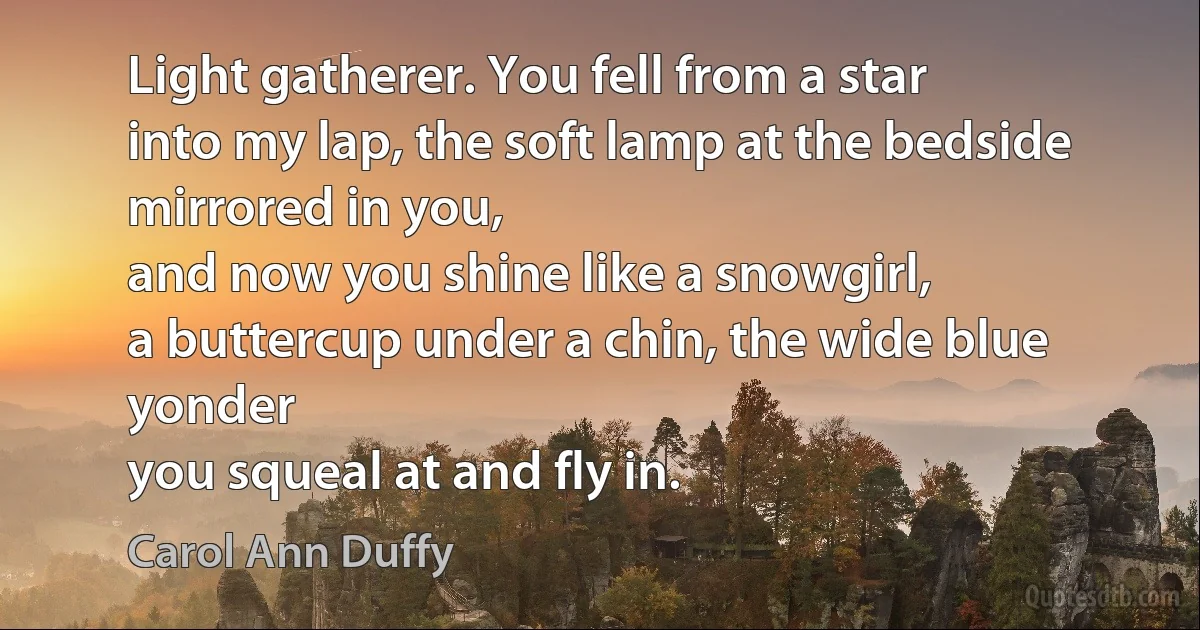 Light gatherer. You fell from a star
into my lap, the soft lamp at the bedside
mirrored in you,
and now you shine like a snowgirl,
a buttercup under a chin, the wide blue yonder
you squeal at and fly in. (Carol Ann Duffy)