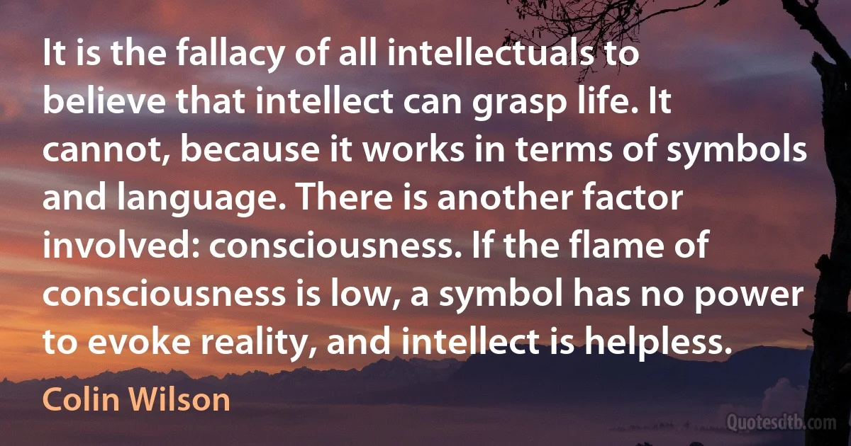 It is the fallacy of all intellectuals to believe that intellect can grasp life. It cannot, because it works in terms of symbols and language. There is another factor involved: consciousness. If the flame of consciousness is low, a symbol has no power to evoke reality, and intellect is helpless. (Colin Wilson)