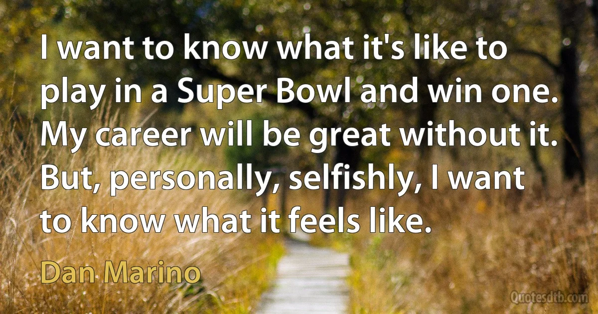 I want to know what it's like to play in a Super Bowl and win one. My career will be great without it. But, personally, selfishly, I want to know what it feels like. (Dan Marino)