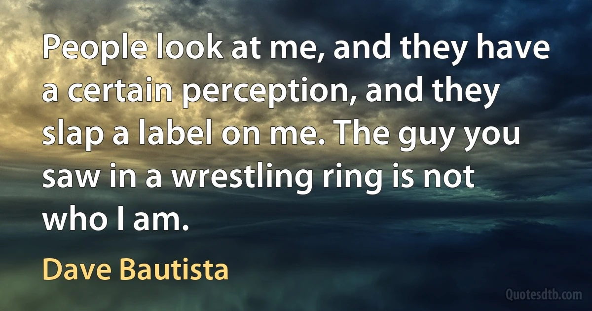 People look at me, and they have a certain perception, and they slap a label on me. The guy you saw in a wrestling ring is not who I am. (Dave Bautista)