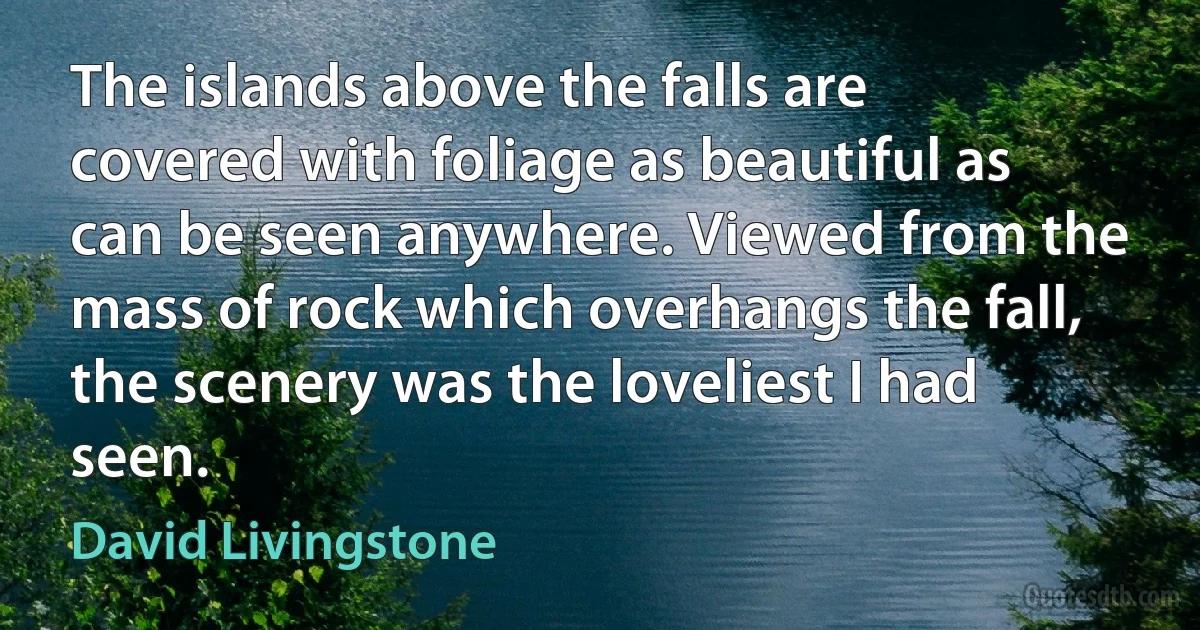 The islands above the falls are covered with foliage as beautiful as can be seen anywhere. Viewed from the mass of rock which overhangs the fall, the scenery was the loveliest I had seen. (David Livingstone)