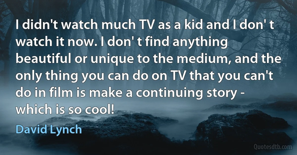 I didn't watch much TV as a kid and I don' t watch it now. I don' t find anything beautiful or unique to the medium, and the only thing you can do on TV that you can't do in film is make a continuing story - which is so cool! (David Lynch)